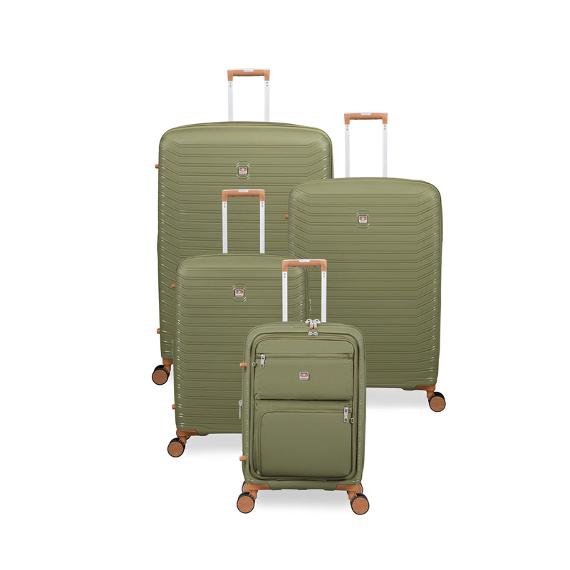 Continuous 4 Piece Hardside Expandable 8 Wheel Spinner Luggage Set with Soft-Pocket Carry-On (Olive Drab)